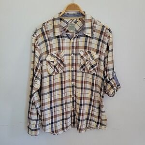 True Grit Plaid Flannel Shirt Long Roll Tab Sleeve‎ Cotton Button Up Grunge 90s
